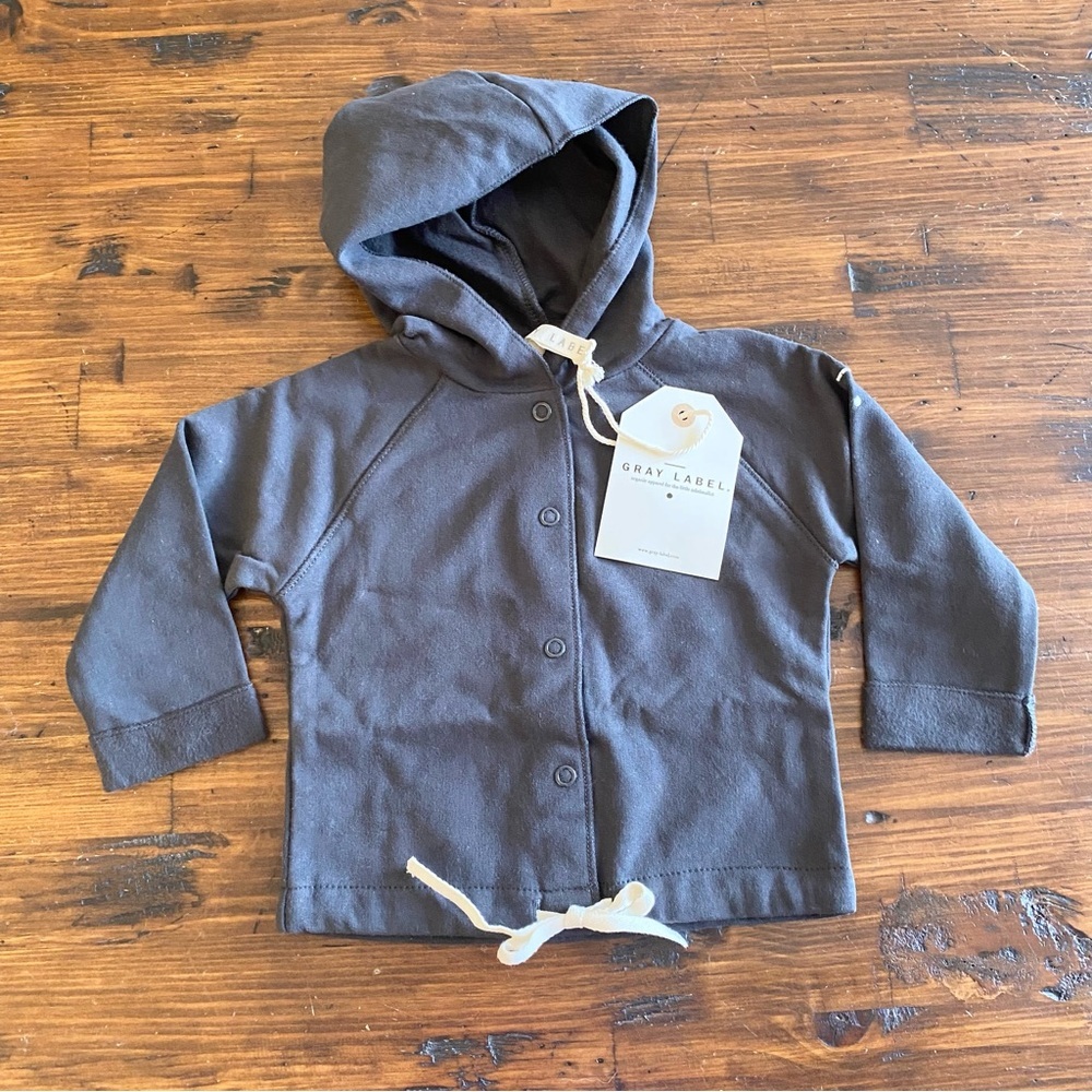 Gray Label Brand Hooded Cardigan 100% Organic‎ Cotton Gray 6-9 Months Snaps Tie